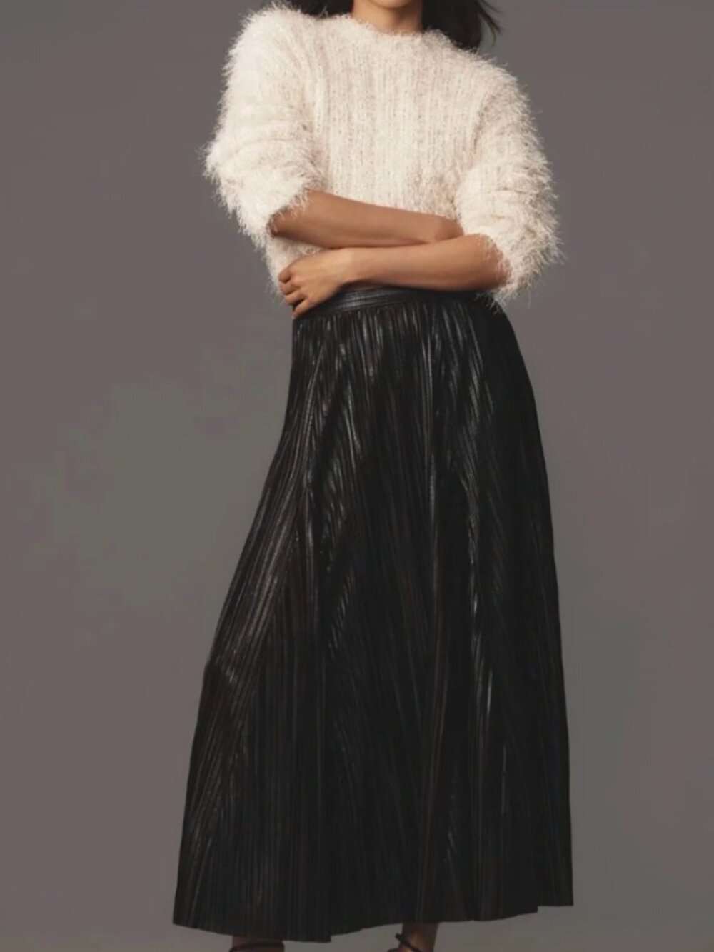 Anthropologie Black Metallic Pleated Midi Skirt